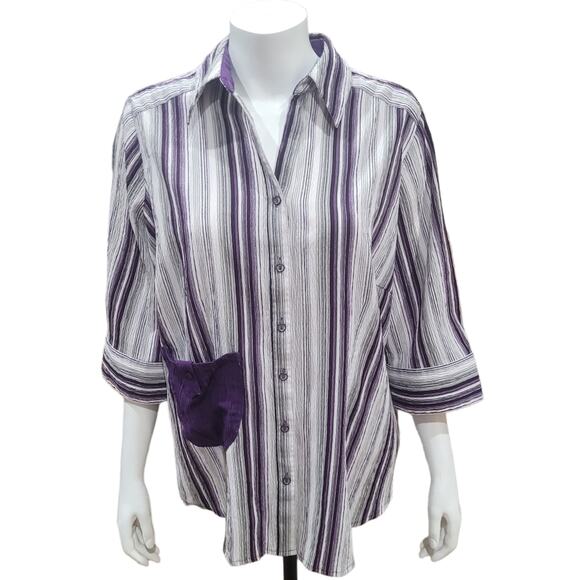 CANDA Women Purple Striped Oversized Shirt Sz Medium Crinkle Patchwork Pockets - Picture 2 of 10